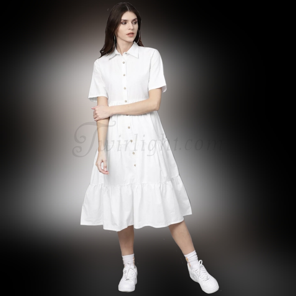 Anna: White Tiered Shirt Dress